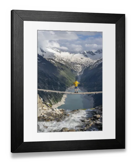 Framed Print : Mountaineers on a suspension bridge over a mountain stream Alelebach Framed Print : Mountaineers on a suspension bridge over a mountain stream Alelebach