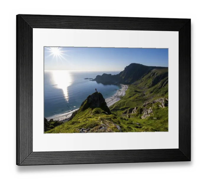 Framed Print : Climber on a rock, view of picturesque coastal landscape with sun star Framed Print : Climber on a rock, view of picturesque coastal landscape with sun star