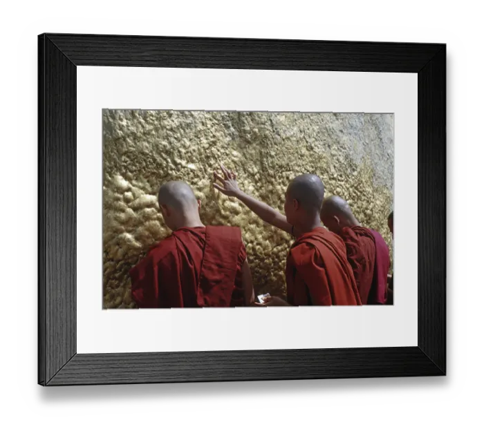 Framed Print : Monks attaching gold leaf to the Golden Rock