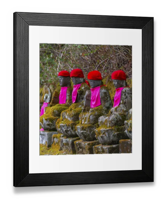 Framed Print : Jizo statues with red caps, protective deities for deceased children Framed Print : Jizo statues with red caps, protective deities for deceased children
