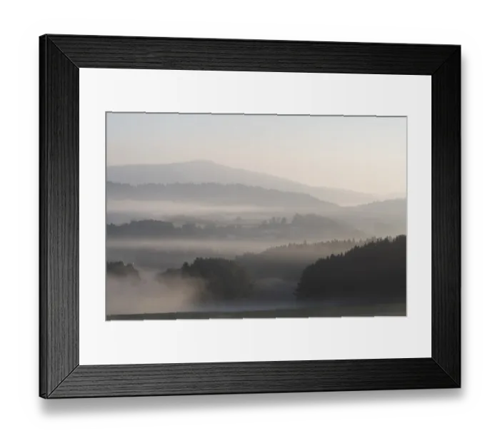 Framed Print : Forest and mountains with morning mist Framed Print : Forest and mountains with morning mist