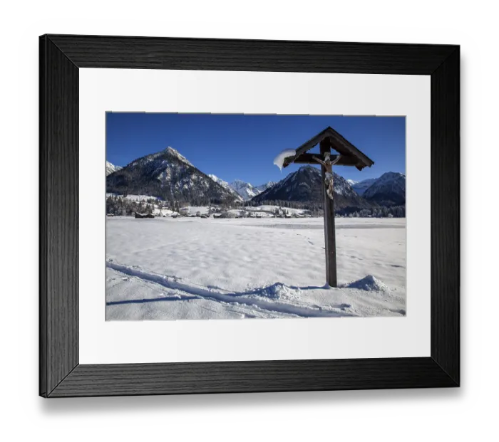 Framed Print : Winter landscape in the snow, wayside cross