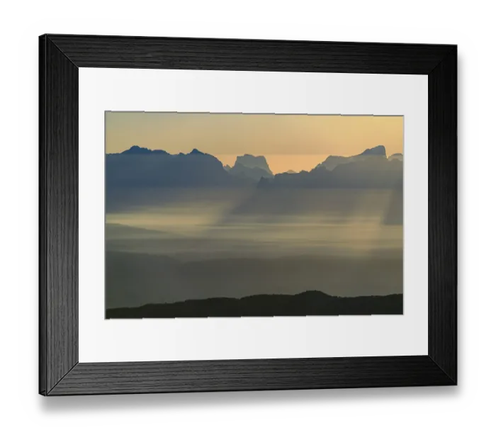 Framed Print : Sunrise over South Tyrolean mountains with haze in the valley Framed Print : Sunrise over South Tyrolean mountains with haze in the valley