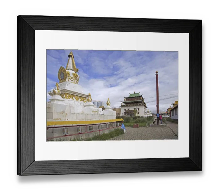 Framed Print : Stupa and Mongolians praying at pole Framed Print : Stupa and Mongolians praying at pole