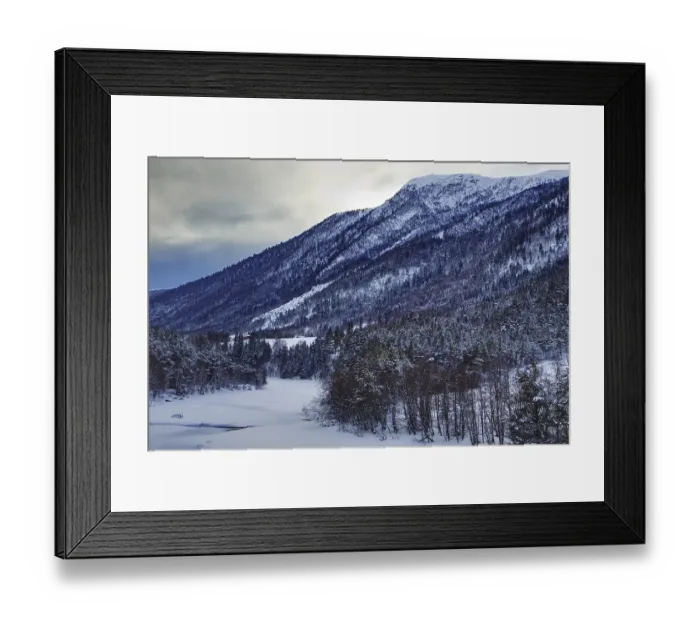 Framed Print : Snowy mountain with dense forests under a cloudy sky