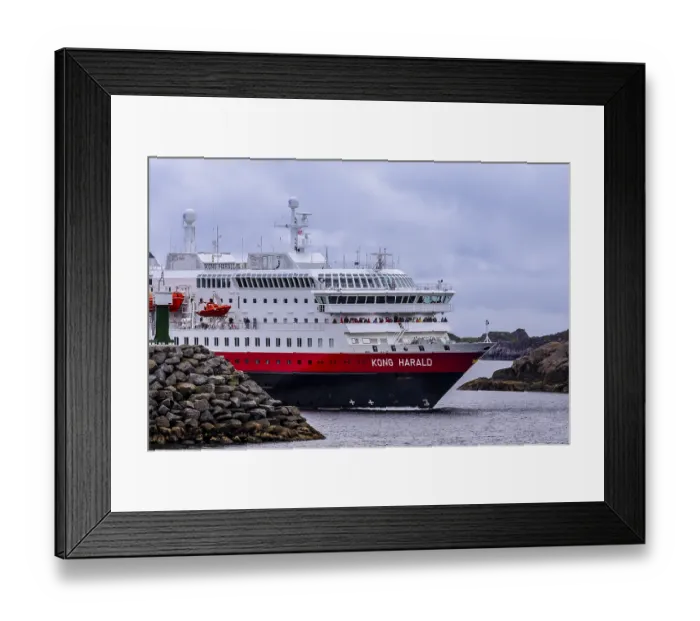 Framed Print : Ship Kong Harald of Hurtigruten company is approaching harbor of Stamsund Framed Print : Ship Kong Harald of Hurtigruten company is approaching harbor of Stamsund