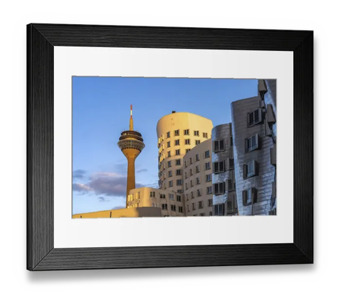 Framed Print : Gehry buildings - Neuer Zollhof at the Media Harbour and the Rhine Tower in Duesseldorf