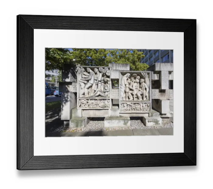 Framed Print : One of the 3 historical relief walls based on Bertold Brecht's praise poems