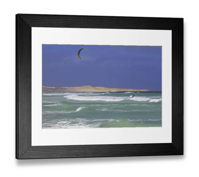 Framed Print : Kitesurfer, kiteboarder pulled by power kite at Rabil beach on the island Boa Vista