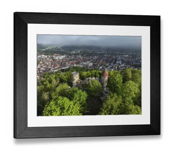 Framed Print : Aerial view of the Honburg castle ruins on the Honberg with the town of Tuttlingen