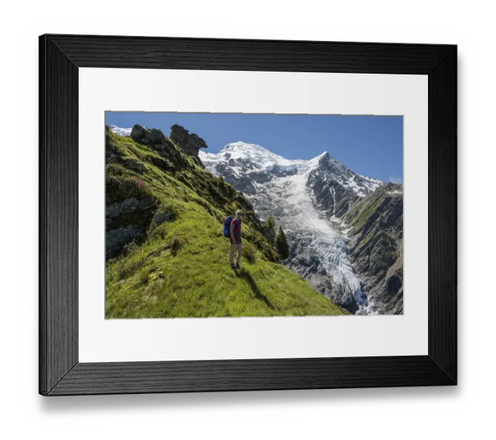 Framed Print : Hiker in front of glacier, hiking trail La Jonction