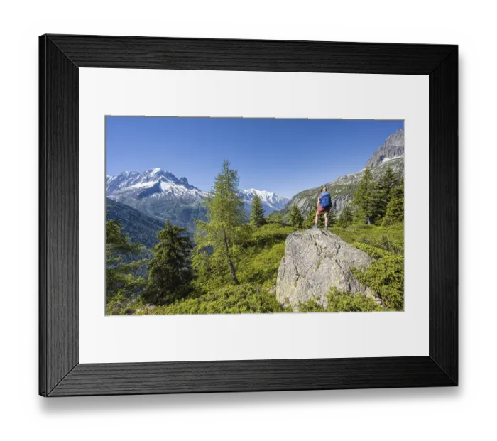 Framed Print : Hiker Looking at mountain panorama from Aiguillette des Posettes