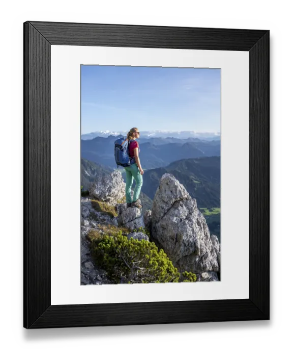 Framed Print : Hiker looking over green mountain landscape Framed Print : Hiker looking over green mountain landscape