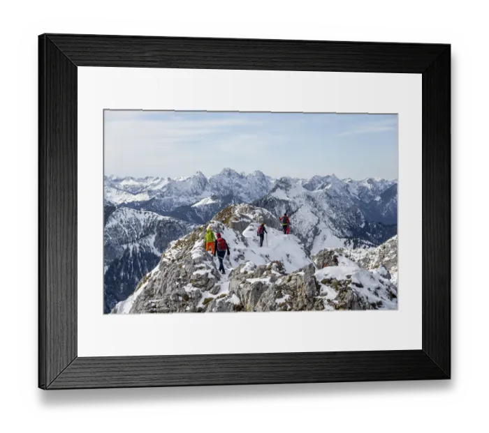 Framed Print : Climbers on the summit ridge, hiking to the Ammergauer Hochplatte in the Ammergau Alps in winter