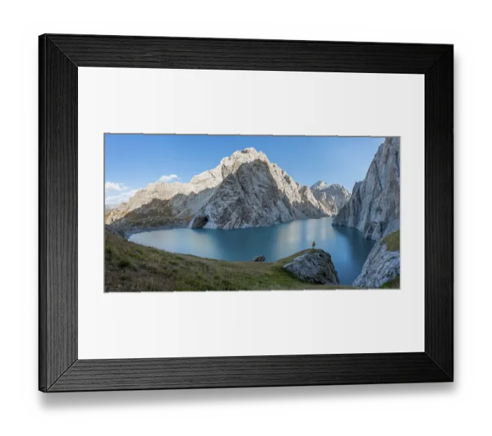 Framed Print : Hiker in front of Kol Suu Mountain Lake