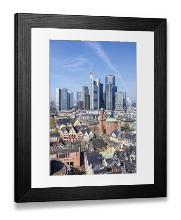 Framed Print : Frankfurt skyline skyscrapers in the city centre with Roemer from above in Frankfurt Framed Print : Frankfurt skyline skyscrapers in the city centre with Roemer from above in Frankfurt