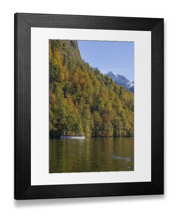 Framed Print : Salet with mountains, excursion steamer and Koenigssee in autumn Framed Print : Salet with mountains, excursion steamer and Koenigssee in autumn