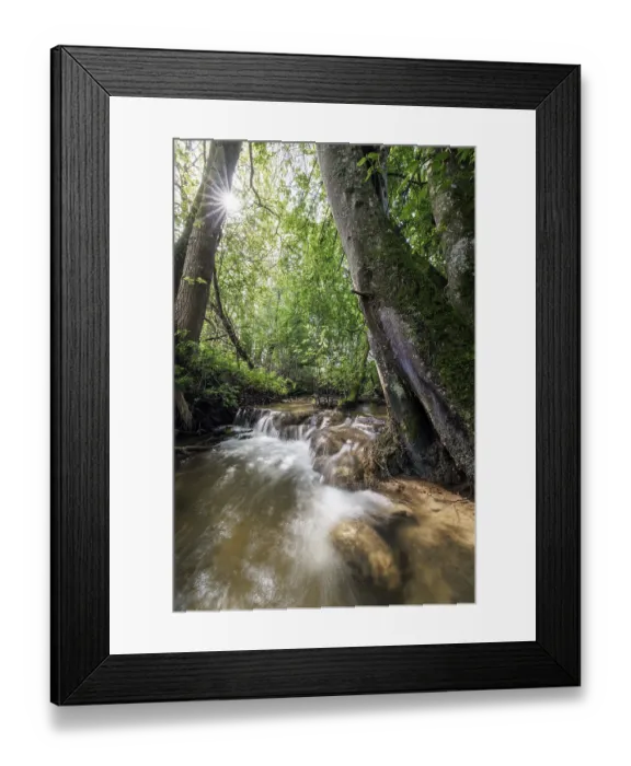 Framed Print : Sunbeams penetrate the trees and illuminate a small waterfall in a dense forest Framed Print : Sunbeams penetrate the trees and illuminate a small waterfall in a dense forest