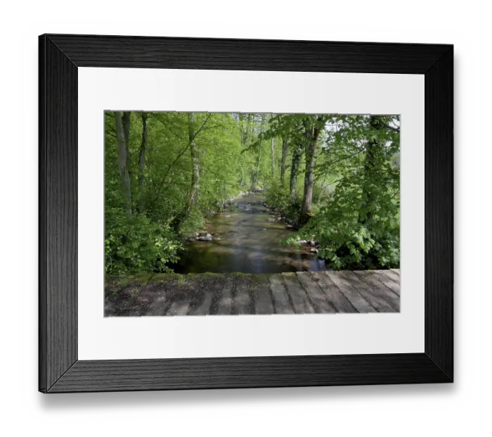 Framed Print : Old wooden bridge over a creek in a beautiful spring forest