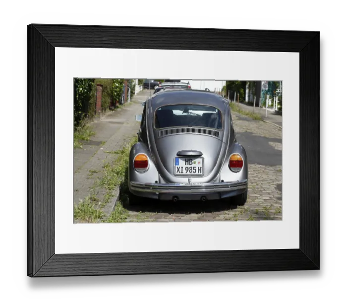 Framed Print : Silver VW Beetle parked on the street Framed Print : Silver VW Beetle parked on the street