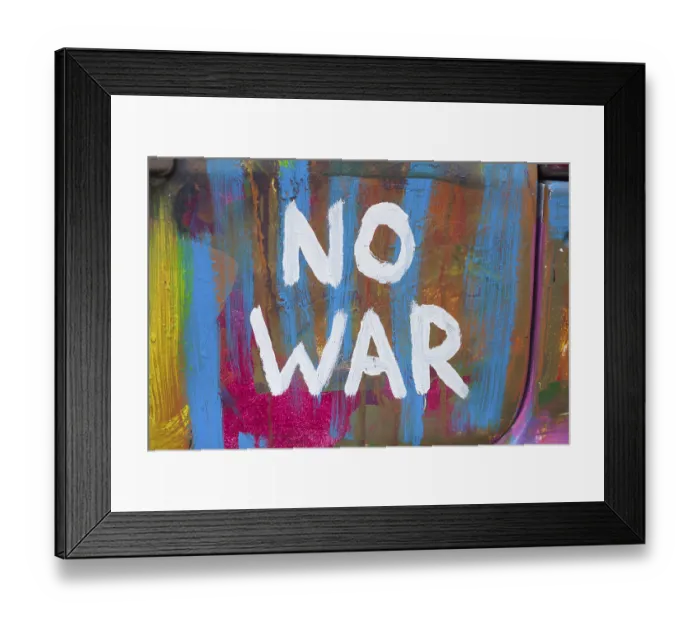 Framed Print : Lettering No War, kein Krieg, colourfully painted vintage car Framed Print : Lettering No War, kein Krieg, colourfully painted vintage car