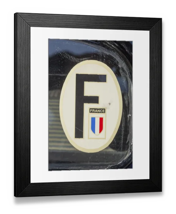 Framed Print : Old car licence plate or country code F for France on a classic car