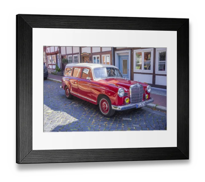 Framed Print : Red vintage Mercedes Benz estate car parked in Hildesheim's old town