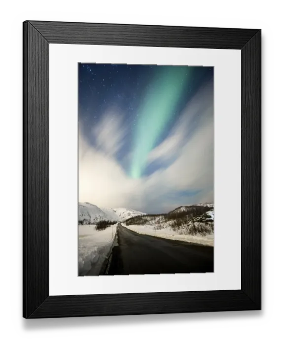 Framed Print : Northern lights over road with snow mountains Framed Print : Northern lights over road with snow mountains