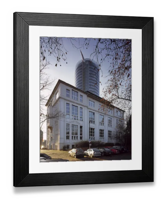 Framed Print : Duesseldorf, studio building in front of the Victoria insurance tower block
