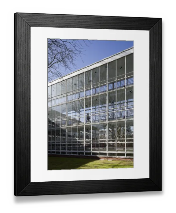 Framed Print : Egon Eiermann 1951-56, glass connecting corridor between administration building and warehouse tower block Framed Print : Egon Eiermann 1951-56, glass connecting corridor between administration building and warehouse tower block