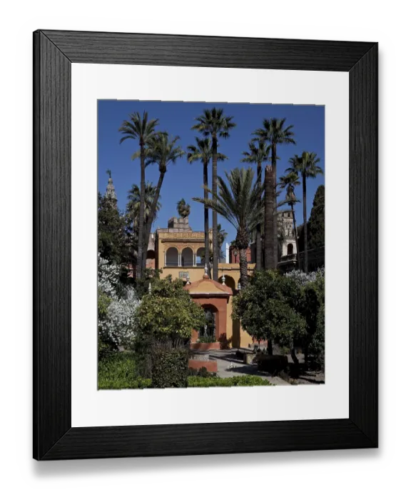 Framed Print : Palace gardens with park architecture at the far left tip of the GIRALDA Framed Print : Palace gardens with park architecture at the far left tip of the GIRALDA
