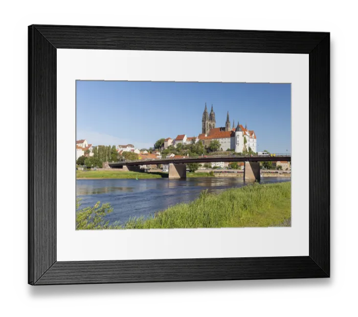 Framed Print : Albrechtsburg Castle and Cathedral with Elbe River and old Elbe Bridge