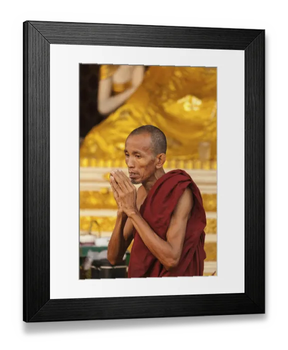 Framed Print : Buddhist monk in morning prayer at the Shwedagon Pagoda Framed Print : Buddhist monk in morning prayer at the Shwedagon Pagoda