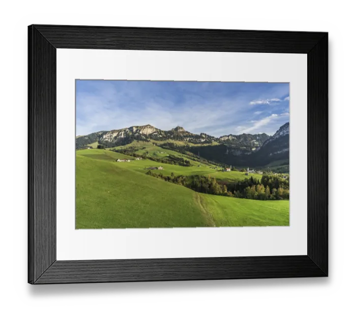 Framed Print : View of the Hoher Kasten and the village of Bruelisau in the Alpstein mountains