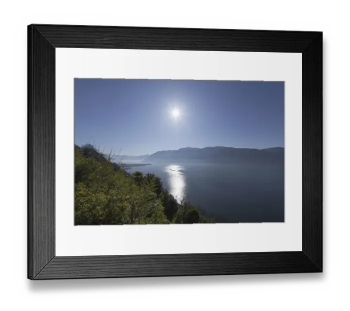 Framed Print : Alpine Lake Maggiore with Mountain and Sunshine in Ticino