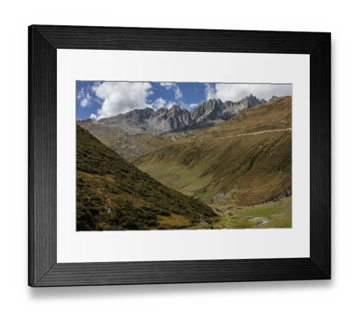 Framed Print : Furka Pass with valley of the Furkareuss Framed Print : Furka Pass with valley of the Furkareuss
