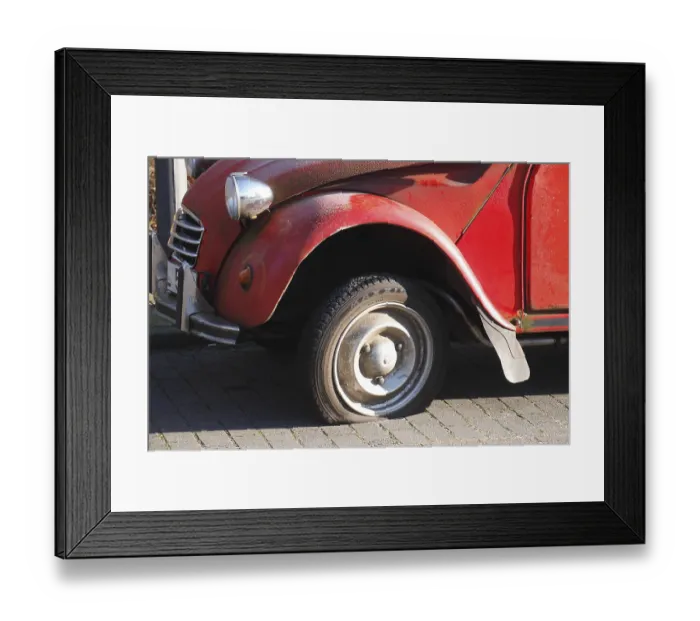 Framed Print : Flat tire on vintage car, Citroen 2CV Ente Framed Print : Flat tire on vintage car, Citroen 2CV Ente