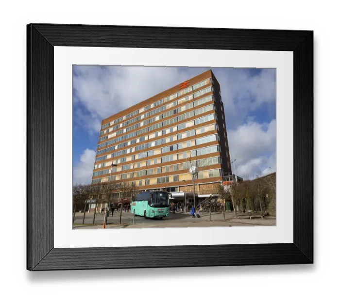 Framed Print : Signal Point disused 1970s office block building above railway station