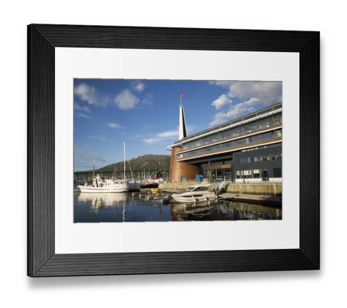 Framed Print : Modern architecture of Scandic Hotel with boats in harbour