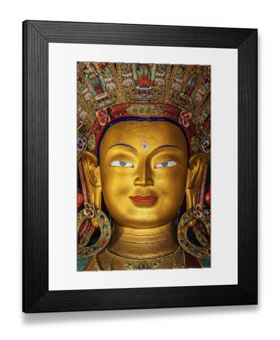 Framed Print : Maitreya Buddha statue face close up in Thiksey Gompa