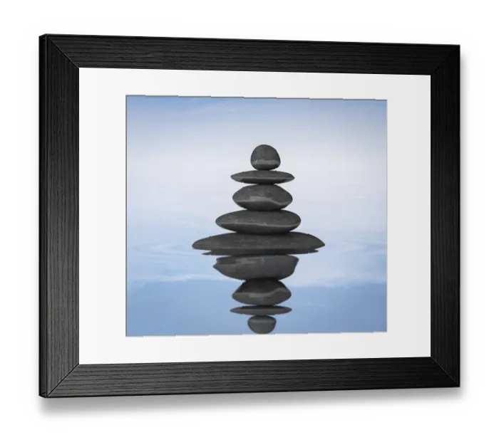 Framed Print : Zen stones in water with reflection balance concept