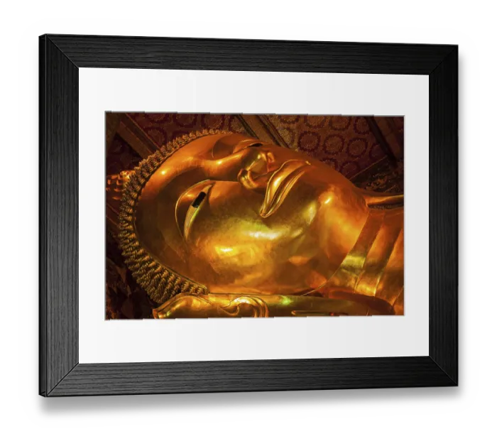 Framed Print : Reclining Buddha gold statue face close up Framed Print : Reclining Buddha gold statue face close up