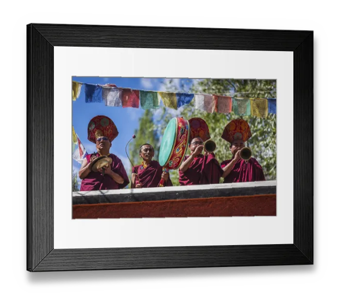 Framed Print : HUNDER, INDIA, SEPTEMBER 6, 2011: Tibetan Buddhist monks playing traditional musical instruments