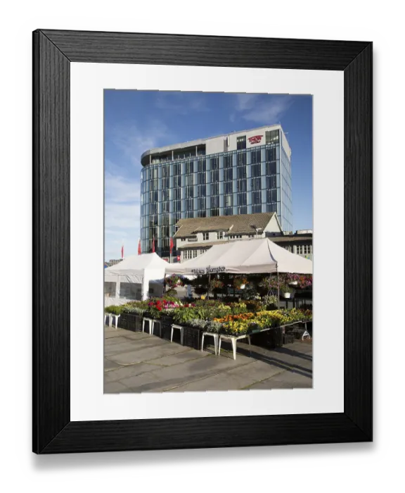 Framed Print : Thon Hotel building and market flower stall