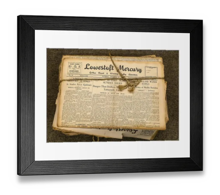 Framed Print : String tied bundle of 1930s copies Lowestoft Mercury local newspaper