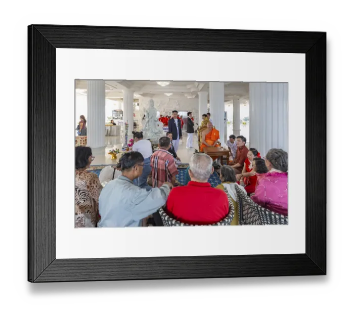 Framed Print : Visitors with monk at the Guan Yin (Goddess of Mercy)