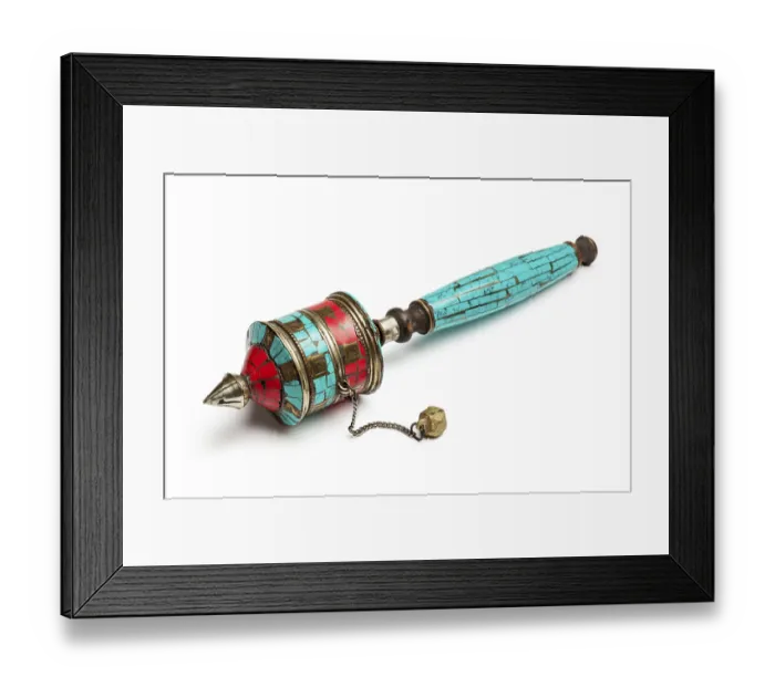 Framed Print : Tibetan buddhist Mani wheel or hand prayer wheel isolated on white