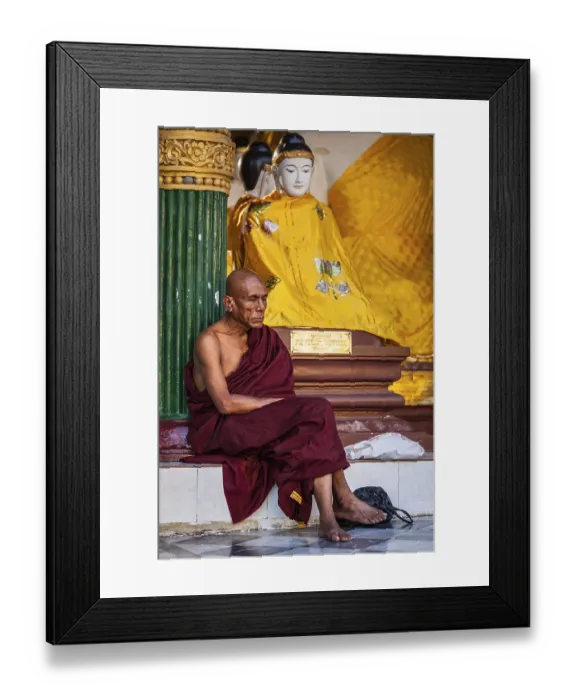 Framed Print : YANGON, MYANMAR, JANUARY 3, 2014: Ascetic Buddhist monk meditating in Shwedagon Paya pagoda Framed Print : YANGON, MYANMAR, JANUARY 3, 2014: Ascetic Buddhist monk meditating in Shwedagon Paya pagoda