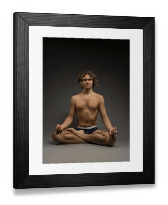 Framed Print : Full body shirtless young man in boxer briefs sitting in Lotus pose