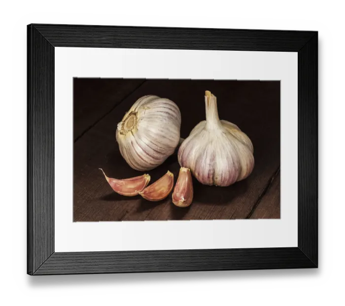 Framed Print : Garlic and cloves on old wooden background Framed Print : Garlic and cloves on old wooden background